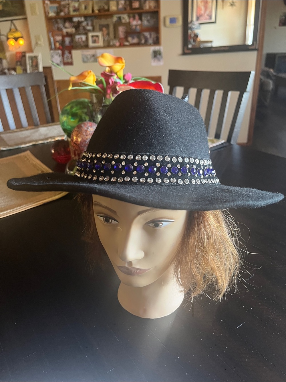 Peter Grimm Black Wide-Brim Wool Hat with Rhinestone & Blue Accent Band